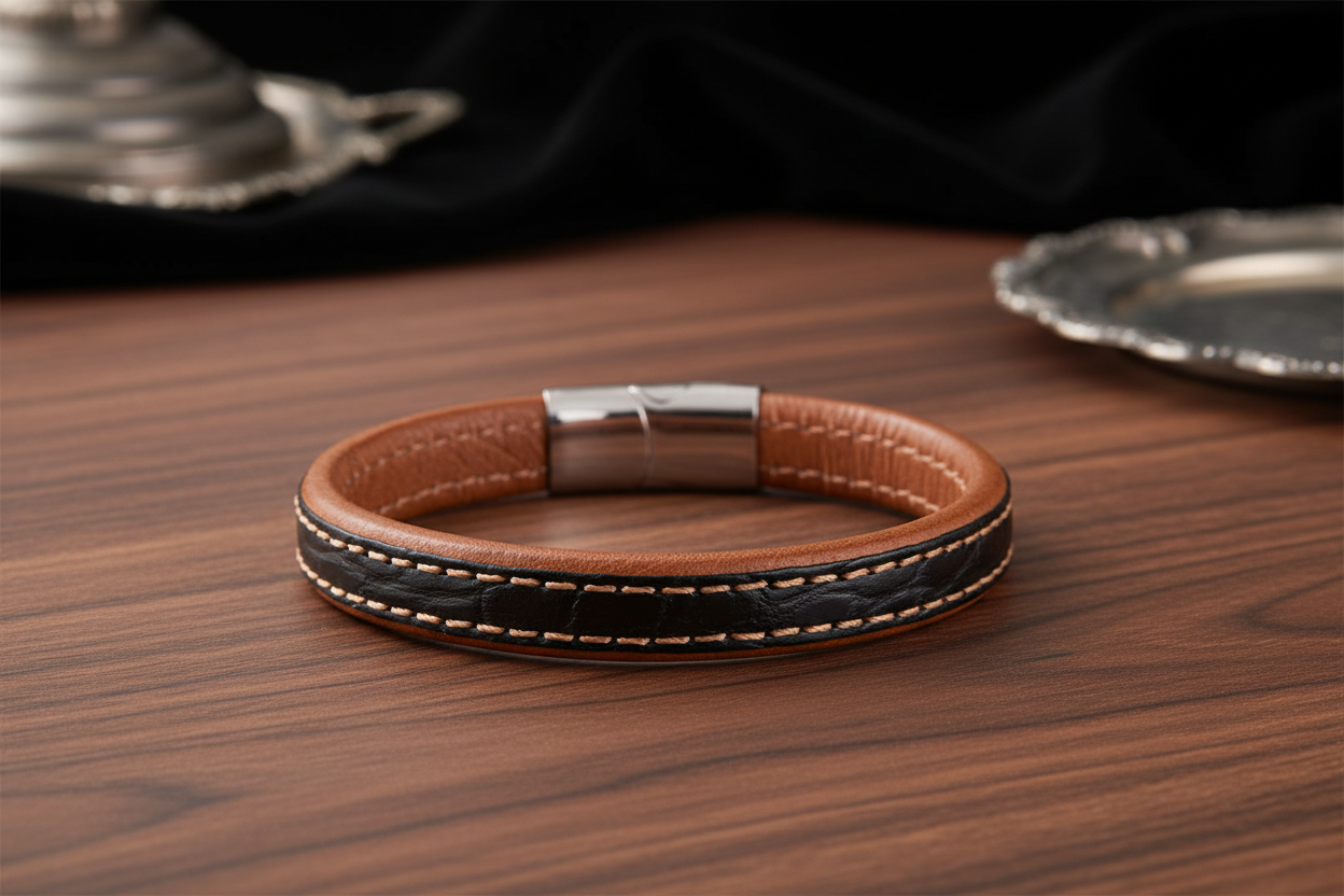 Hochwertiges Lederarmband mit schwarzem Krokodilleder-Einsatz, beiger Kontrastnaht und Edelstahlverschluss – moderne Lederarmbänder Neuheiten 2026